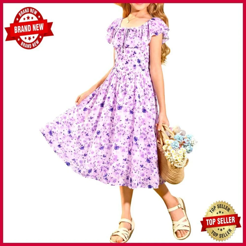Floral Midi Dress Off Shoulder Ruffle Summer Elegant Chic Girls Fashion
